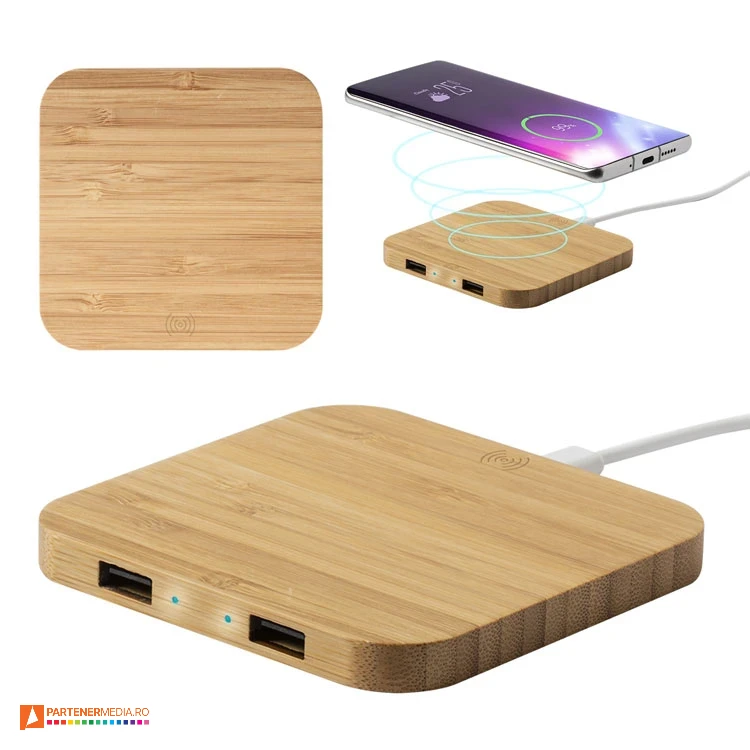 incarcatoare wireless din lemn de bambus cu 2 porturi usb ap721518