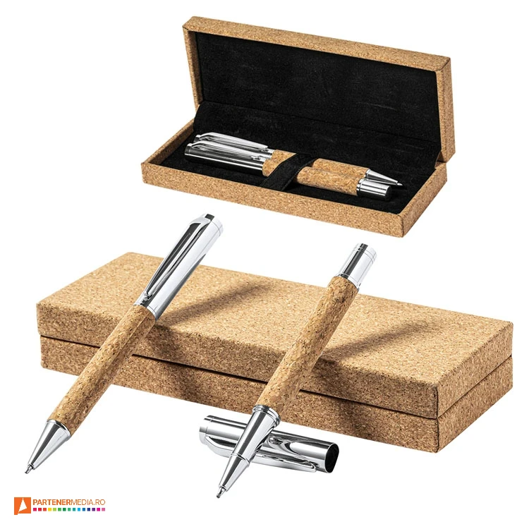 Seturi de 2 pixuri promotionale din pluta si metal, in cutie de cadou din pluta seturi de pixuri din pluta si metal in cutie eleganta de cadou din pluta ap722123