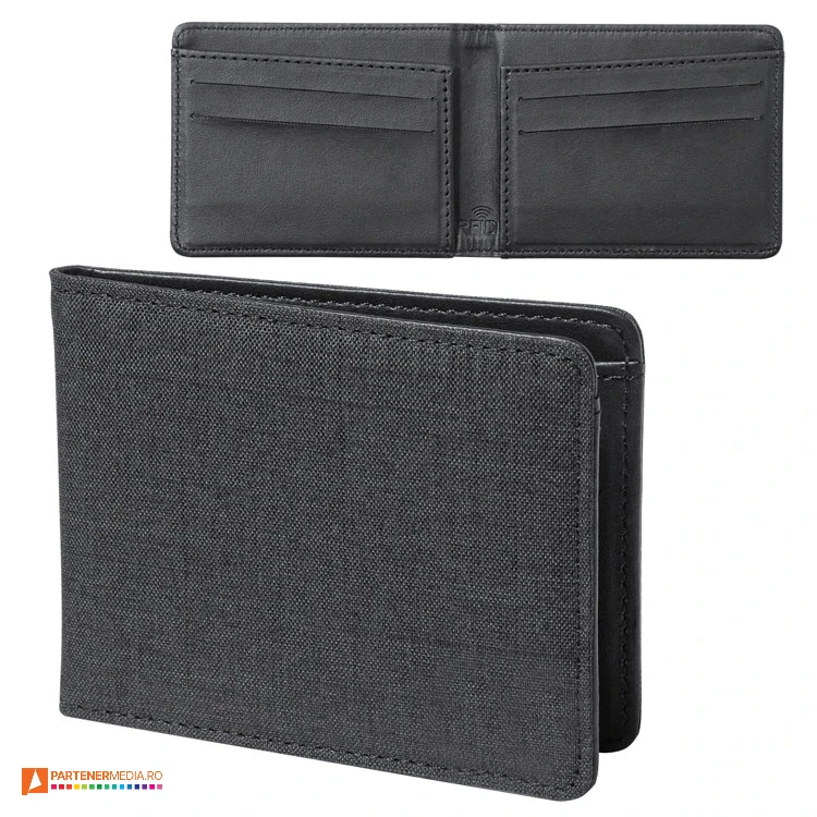 Portofele promotionale cu sase buzunare pentru carduri si protectie RFID portofele promotionale rfid din poliester reciclat ap722789