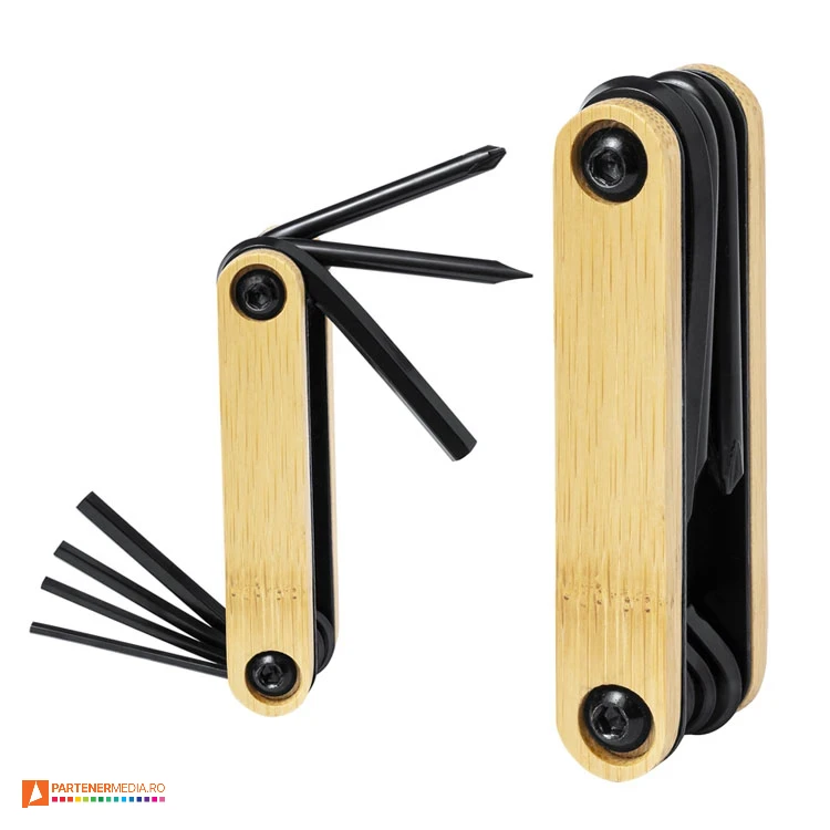 Unelte multifunctionale din otel inoxidabil cu 7 accesorii pliabile in maner unelte promotionale cu chei hexagonale si surubelnite pliabile ap733586