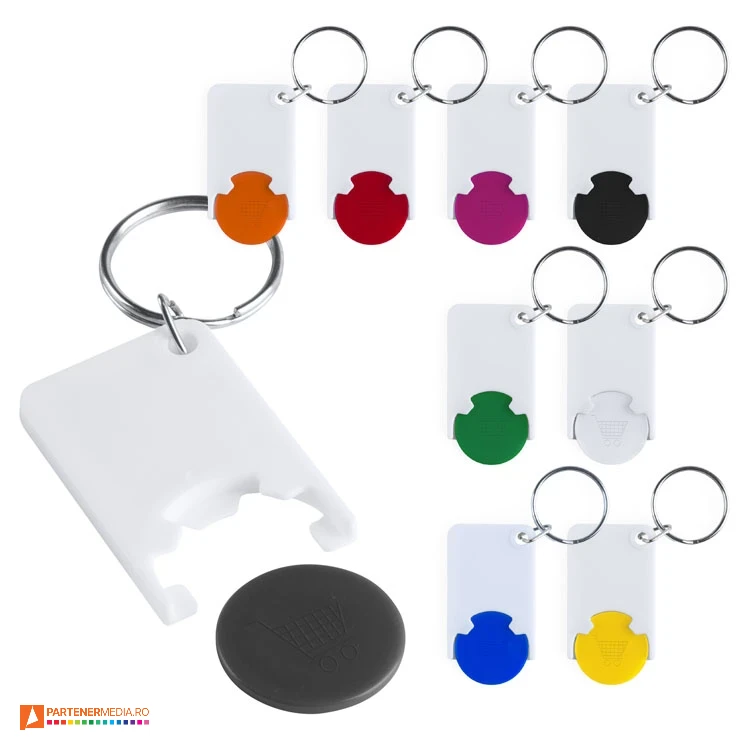 Brelocuri promotionale albe din plastic, cu moneda colorata pentru carucioare brelocuri promotionale din plastic cu moneda colorata ap741590