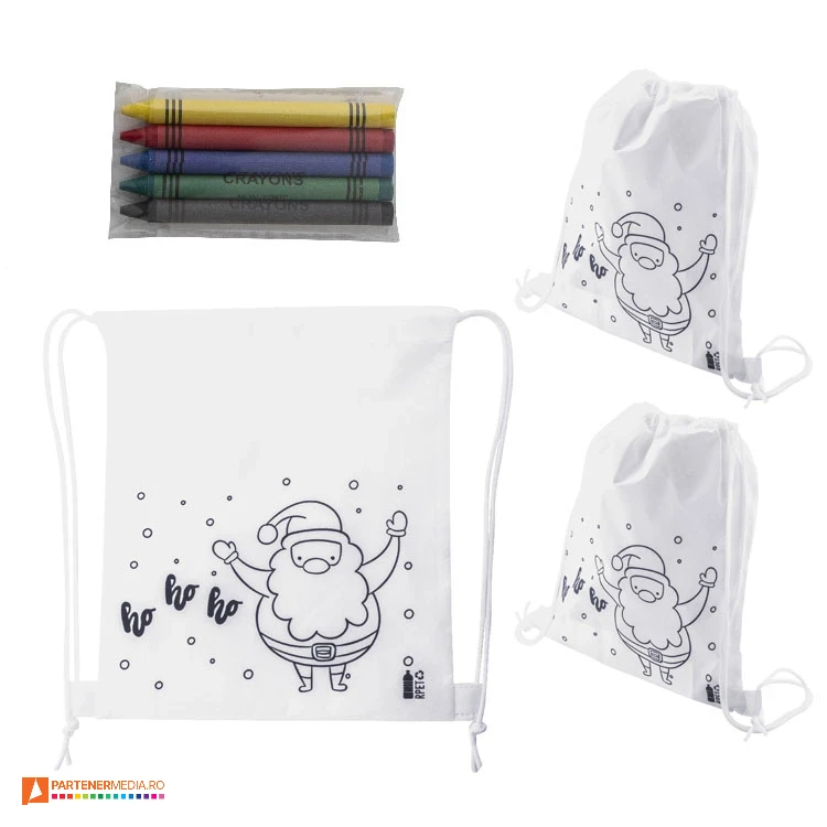 Rucsacuri tip drawstring de colorat cu snururi duble si 5 creioane cerate incluse rucsacuri drawstring cu creioane cerate de colorat ap800036
