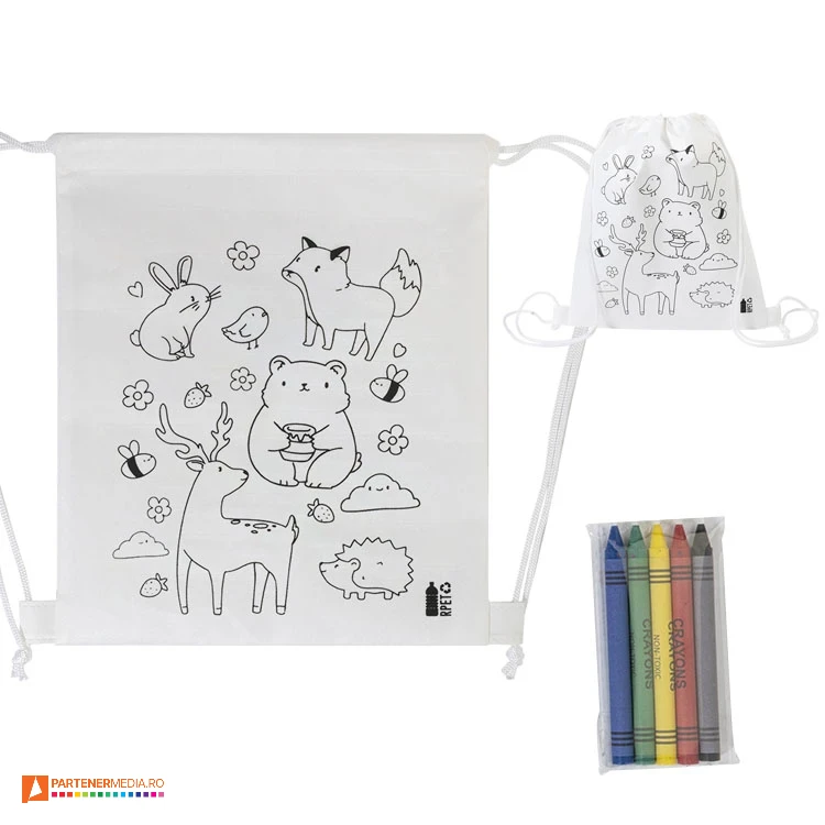 Rucsacuri tip drawstring cu suprafata de desenat si 5 creioane cerate rucsacuri drawstring pentru copii cu creioane cerate ap800298