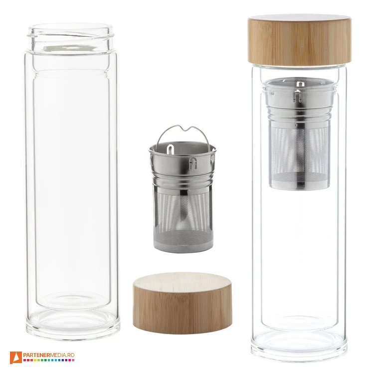Sticle promotionale de 420 ml cu pereti dubli si capac din lemn cu infuzor metalic sticle transparente de 420 ml cu infuzor metalic ap800442