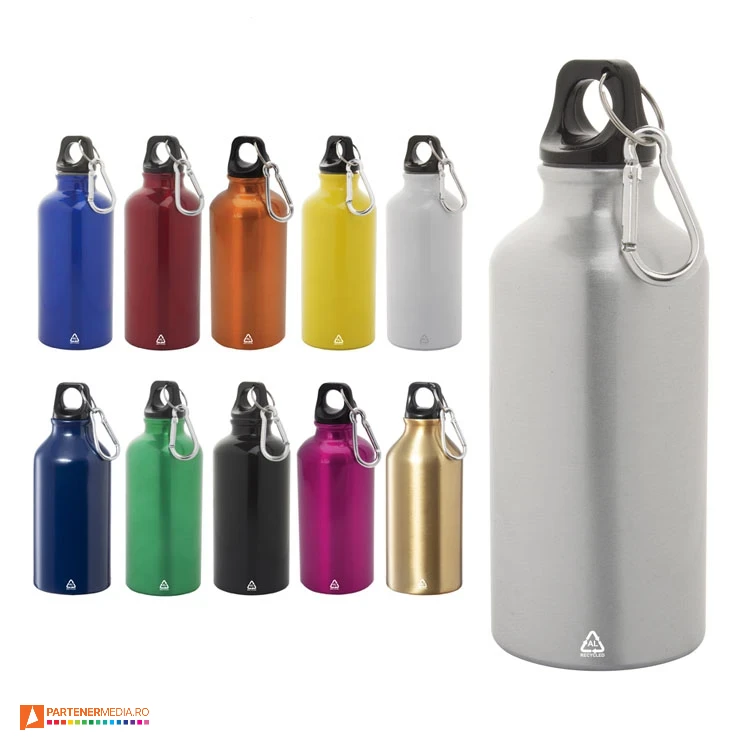 sticle colorate promotionale de 400 ml din aluminiu reciclat cu carabina ap800542