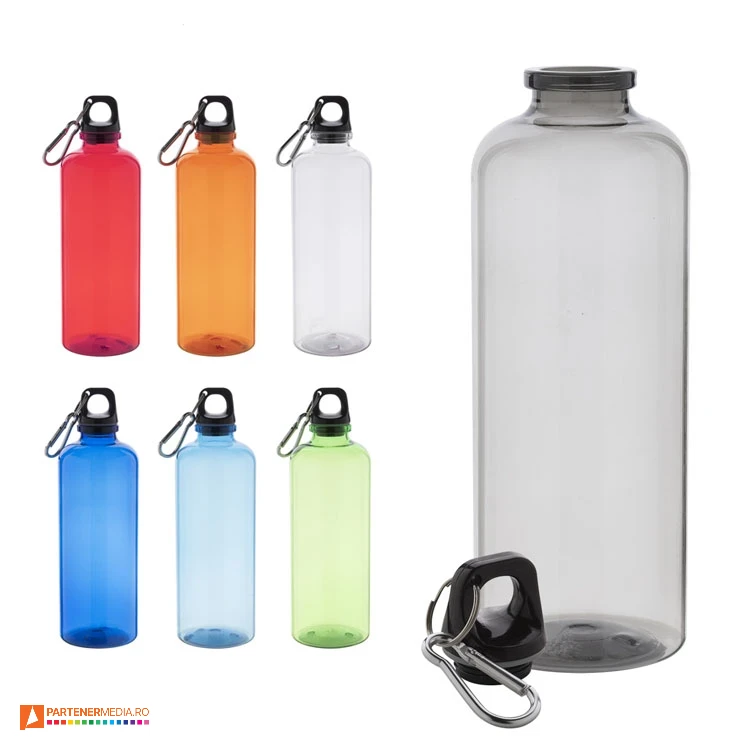 Sticle promotionale colorate cu suprafata transparenta si carabina inclusa sticle transparente de 600 ml din pet reciclat cu carabina ap800600