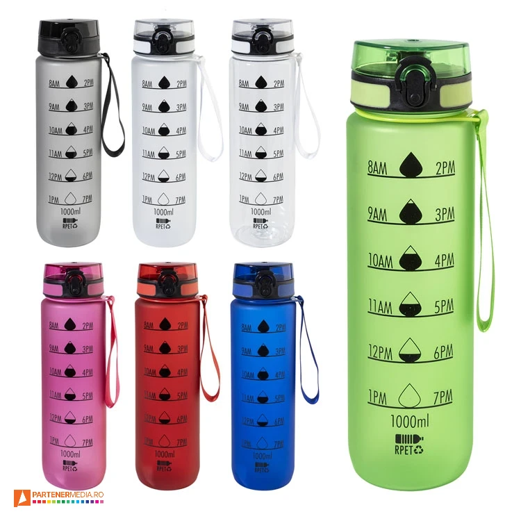 Bidoane sport promotionale din PET reciclat cu capacitate de 1 litru si gradatii bidoane colorate din pet reciclat de 1 litru ap800696