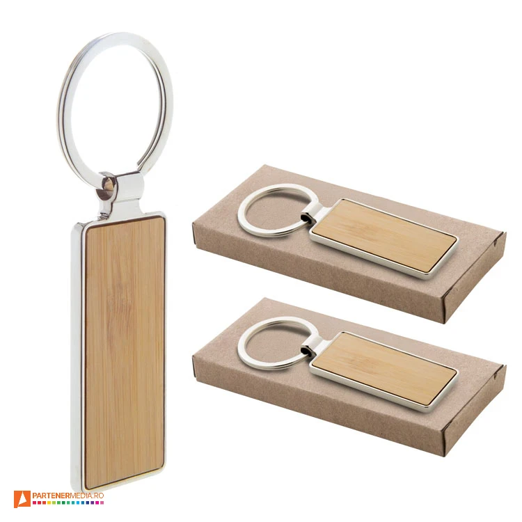 Brelocuri metalice cu element din lemn de bambus si forma dreptunghiulara brelocuri dreptunghiulare din metal si lemn cu cutie de cadou ap806981