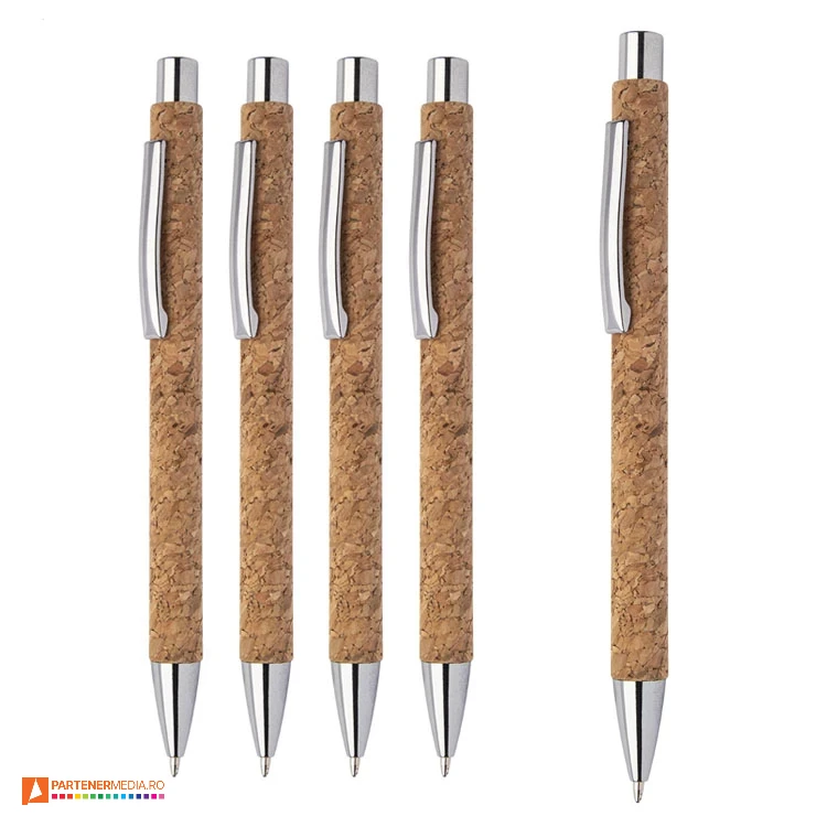 Pixuri ecologice promotionale din pluta, cu design clasic si accesorii cromate pixuri promotionale din pluta cu accesorii metalice cromate ap808080