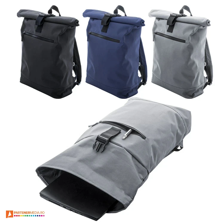 Rucsacuri de laptop din poliester reciclat 600D, cu buzunar frontal cu fermoar rucsacuri rolltop cu buzunar buretat de laptop ap808133