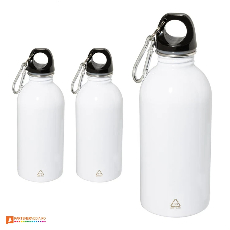 sticle albe de baut de 400 ml din otel inoxidabil reciclat cu carabina ap808228 poza 2