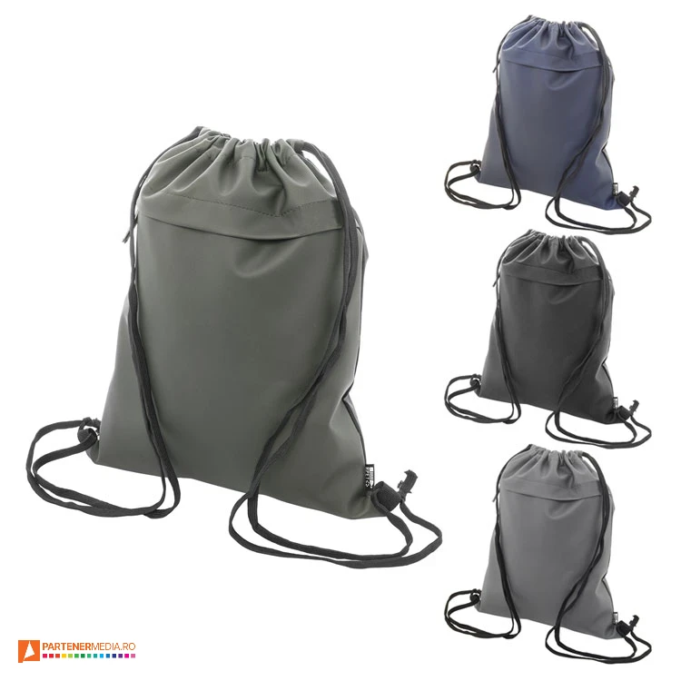 Rucsacuri drawstring promotionale din poliester reciclat cu suprafata din imitatie de piele si buzunar frontal rucsacuri drawstring din imitatie de piele cu fermoar ap808282