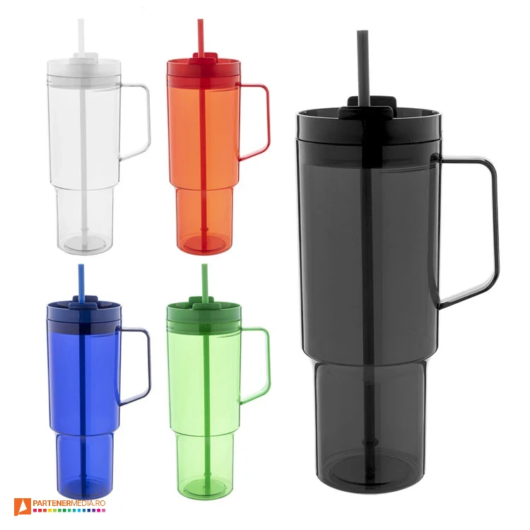 Pahare promotionale de calatorie din plastic cu pai si capacitate de 1200 ml pahare de calatorie cu maner si pai inclus ap808303