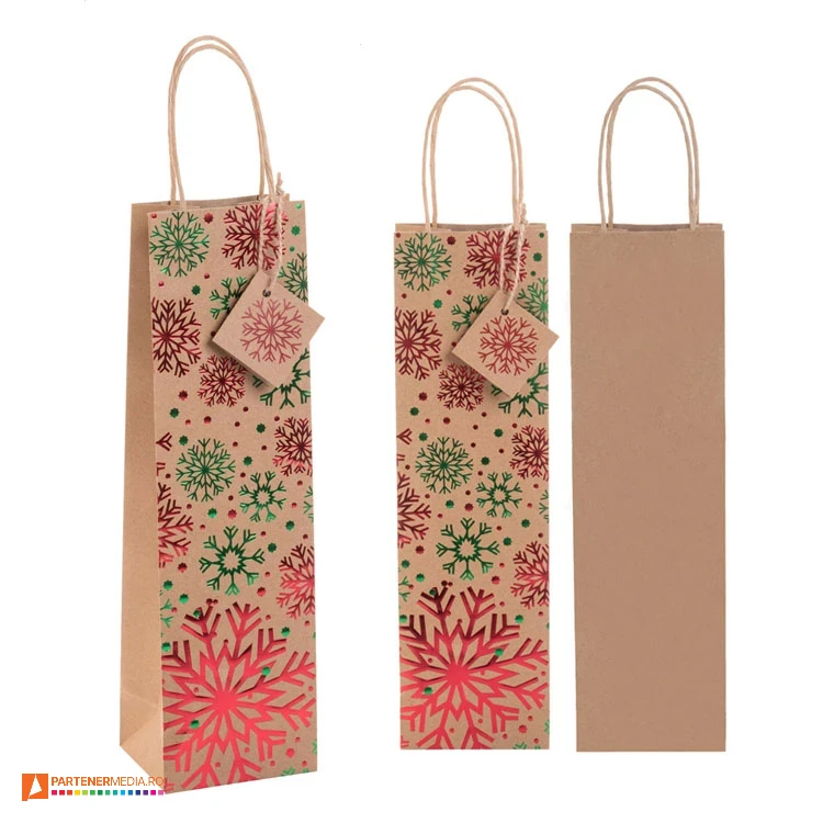 Pungi de cadou pentru sticla, cu manere rasucite si design de Craciun pungi de cadou pentru sticle cu design de craciun ap808772