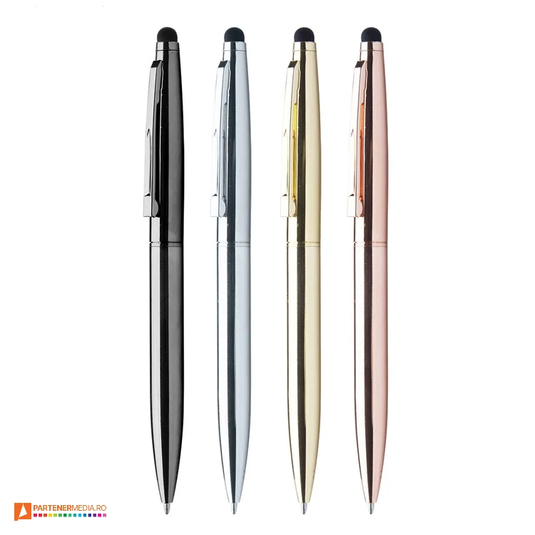 Pixuri promotionale metalice cu varf touch-pen si corp cu suprafata luciosa pixuri promotionale din metal cu finisari cromate ap810435