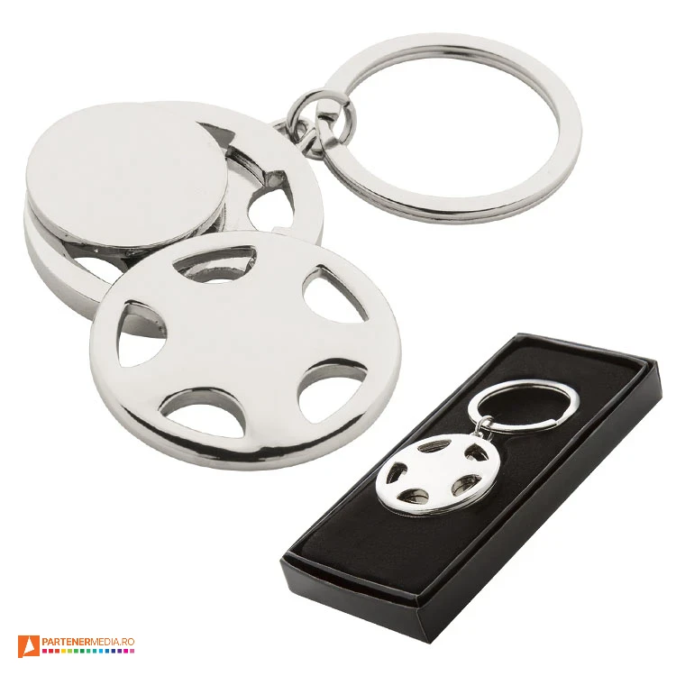 Brelocuri metalice cu forma de roata de masina si moneda pentru cosul de cumparaturi brelocuri metalice cu forma de roata auto ap810736