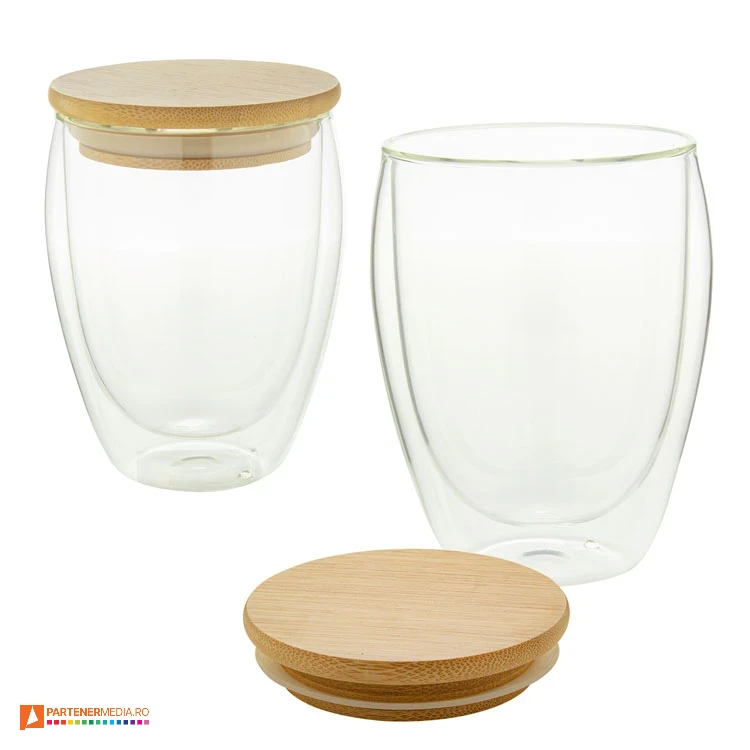 pahare de 320 ml din sticla cu pereti dubli si capac ap812425