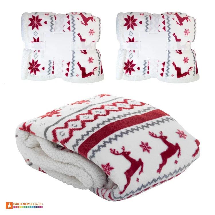 Paturi cu design de Craciun, cu panglica alba si cartonas imprimabil paturi promotionale din fleece cu design de craciun ap861008