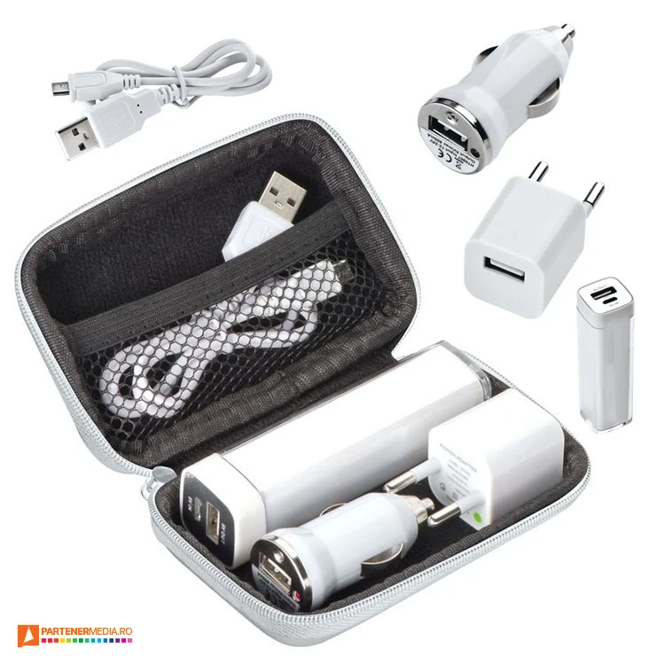 Seturi de incarcator USB de priza si auto cu powerbank in etui elegant seturi de incarcatoare wireless cu powerbank 008106