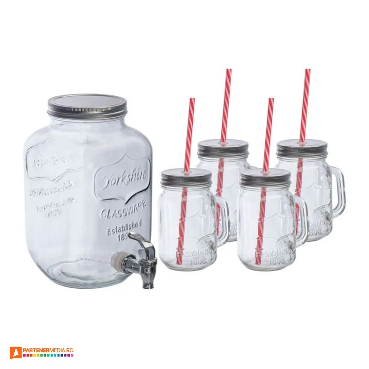 Seturi de limonada compuse din sticla de 4 litri si 4 cani cu capac si pai seturi de limonada cu sticla de 4 litri si 4 cani 0443