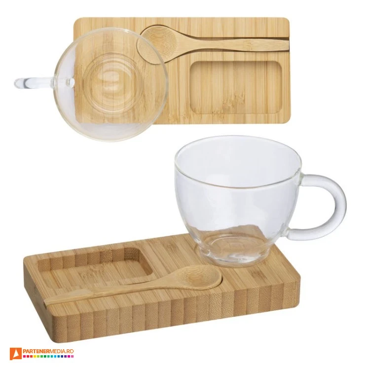 cesti din sticla cu farfurie si lingurita din lemn 2359 poza 1