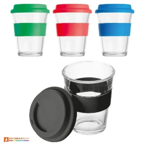 pahare din sticla cu capac si manson colorate din silicon 2572 poza 1
