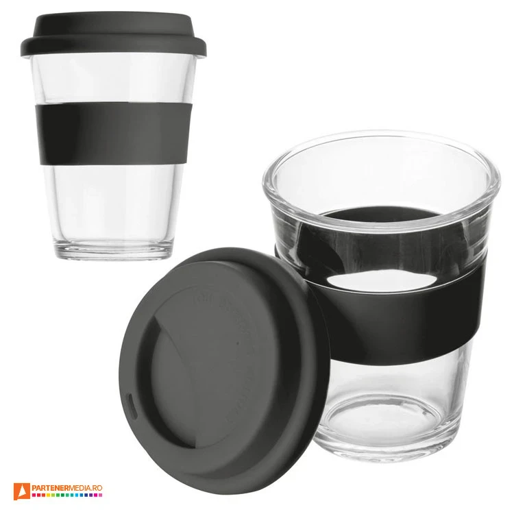 pahare din sticla cu capac si manson negre din silicon 257203 poza 3