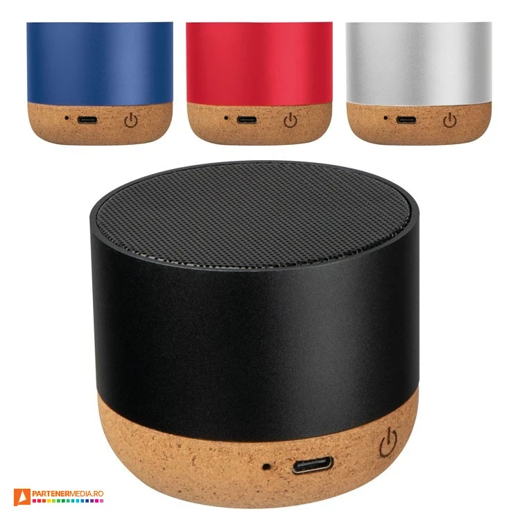 Boxe audio wireless ecologice, cu baza din pluta si carcasa din aluminiu reciclat boxe audio rotunde din aluminiu reciclat cu baza din pluta 4242