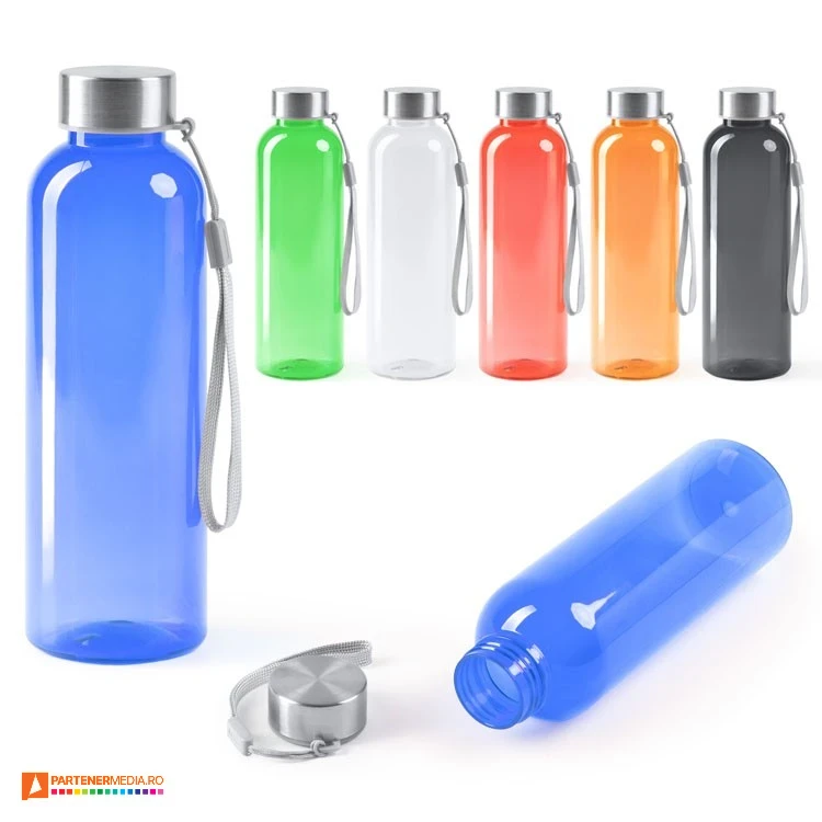 Bidoane transparente promotionale din plastic reciclat cu capac din aluminiu cu agatatoare bidoane din plastic reciclat de 600 ml bi4067