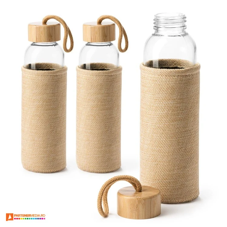 sticle promotionale de 500 ml cu husa din iuta si capac din lemn bi4137