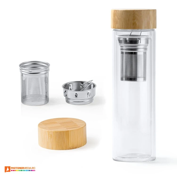 Sticle promotionale transparente cu infuzor si palnie detasabile din metal sticle de 420 ml cu infuzor detasabil bi4203
