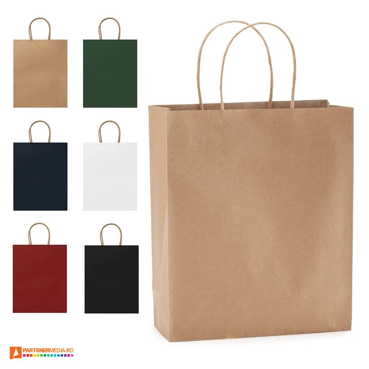 Pungi promotionale din hartie colorata cu burduf de 11 cm si manere din hartie rasucita sacose colorate din hartie kraft cu burduf bo7538