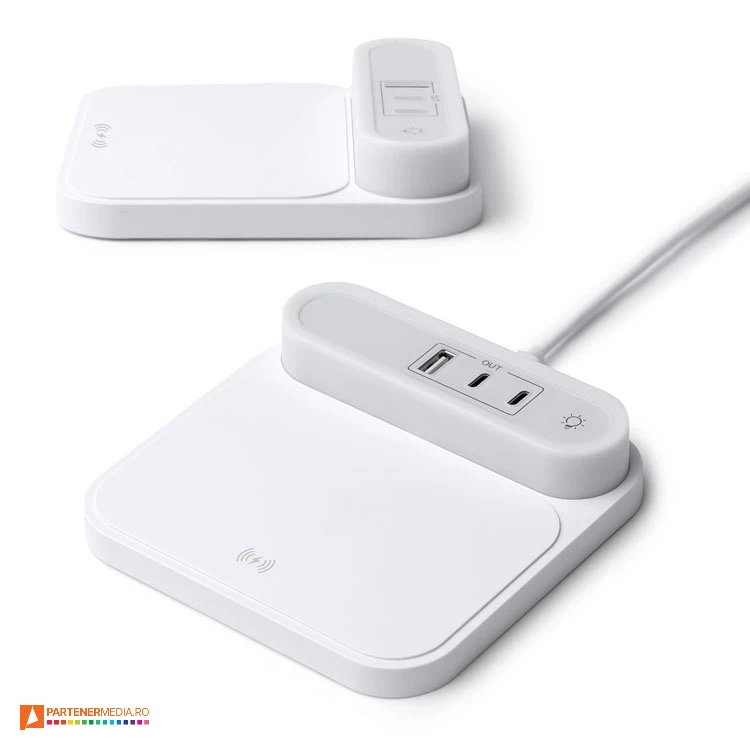 Incarcatoare wireless si USB promotionale, cu lumina LED ambientala incarcatoare wireless din plastic cu lumina ambientala cr1833