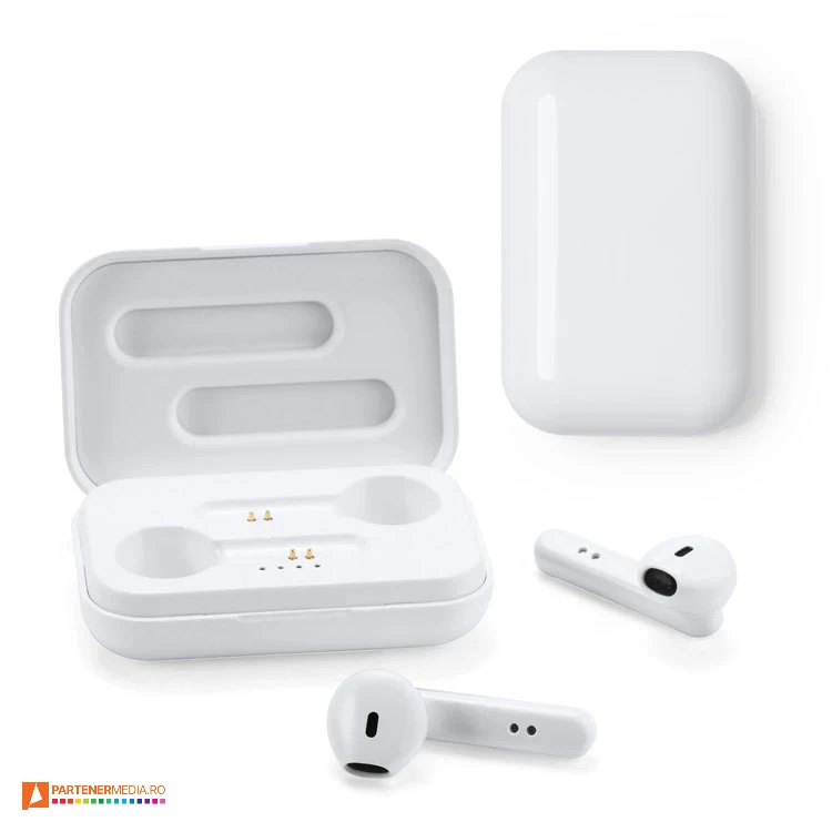 casti promotionale earbuds cu statie de incarcare alba din plastic ep3305 poza 1