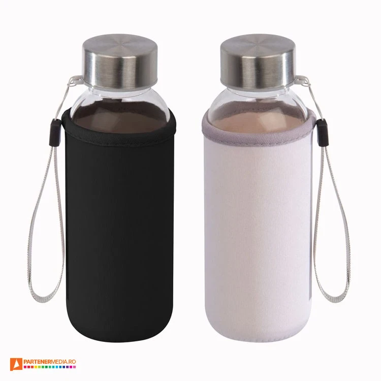 Sticle transparente cu capac metalic, husa din neopren si capacitate de 300 ml sticle transparente de baut cu husa din neopren 60985