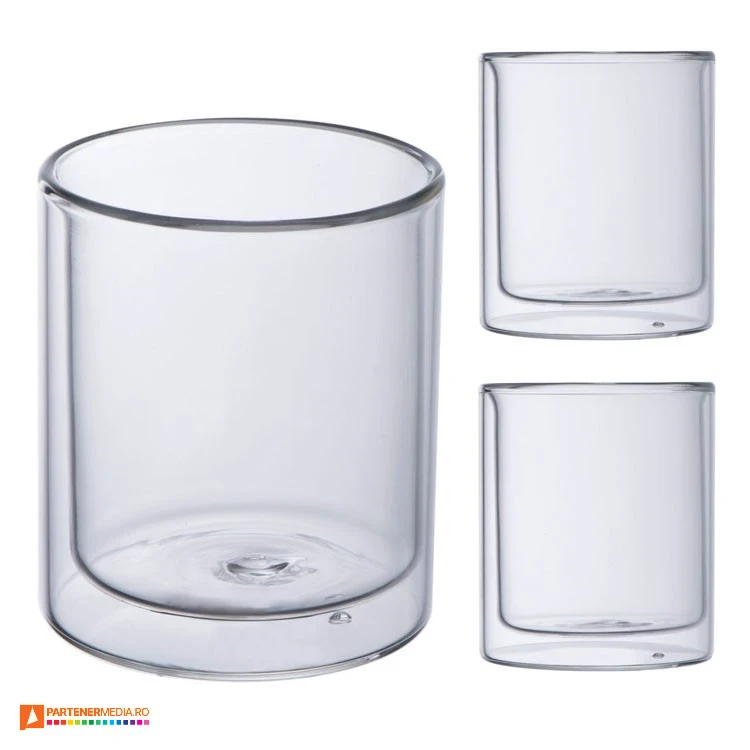 Pahare din sticla promotionale cu pereti dubli si capacitate de 200 ml pahare de 200 ml din sticla cu pereti dubli 83849