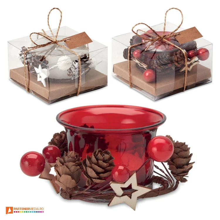 Suporturi pentru lumanari, din sticla cu ornamente de Craciun si cutie de cadou candele promotionale cu design de craciun cx1446