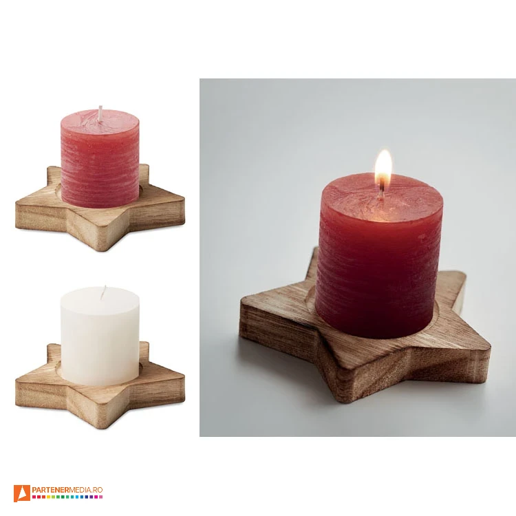 Suporturi decorative cu forma de stea si lumanare parfumata cu aroma de vanilie lumanari promotionale cu baza din lemn cu forma de stea cx1481