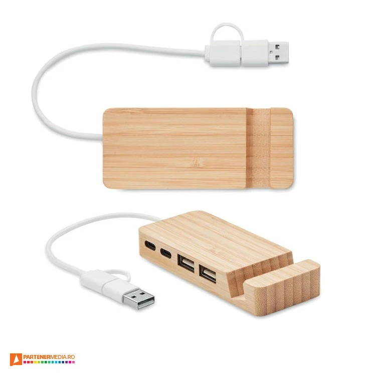 port huburi usb din lemn de bambus cu suport de telefon mo2144 poza 1
