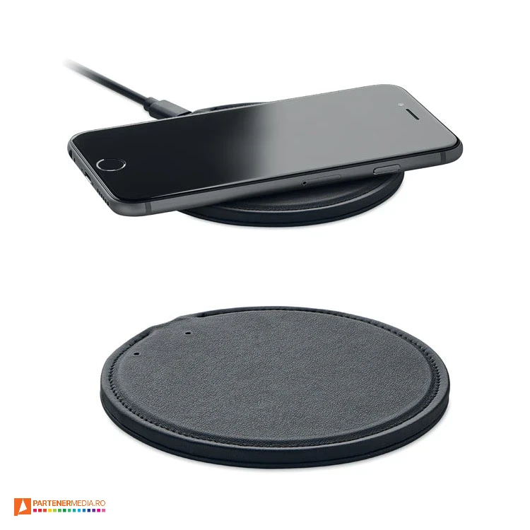 Incarcatoare wireless promotionale de 15W din imitatie de piele reciclata cu forma rotunda incarcatoare wireless din imitatie de piele reciclata mo2175