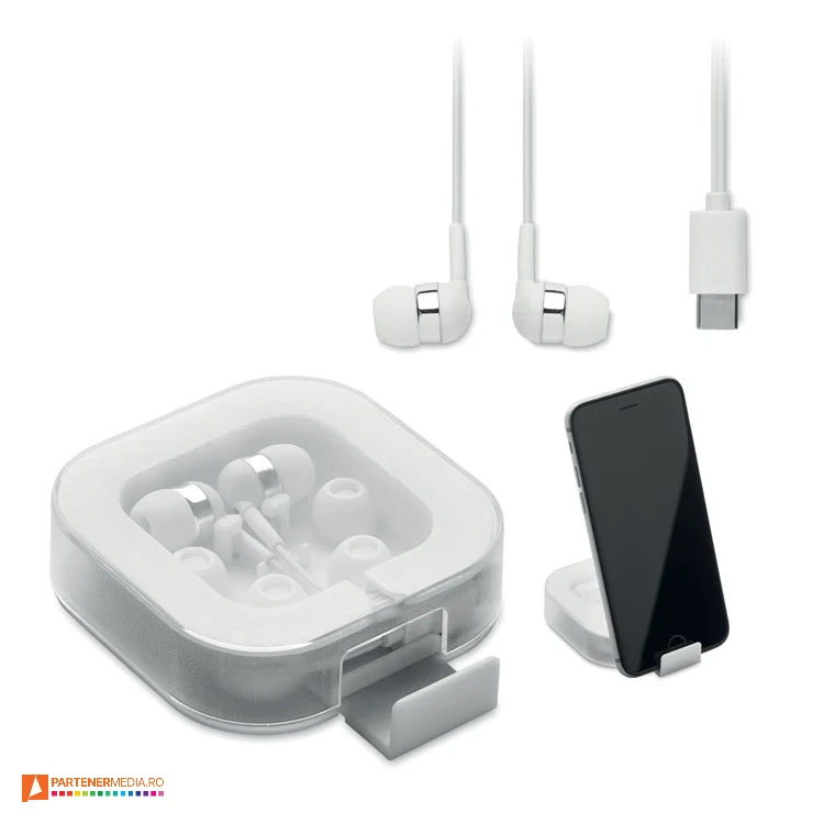Casti audio cu 3 protectii din silicon de rezerva si conector USB-C casti audio earphones cu cablu usb mo2240