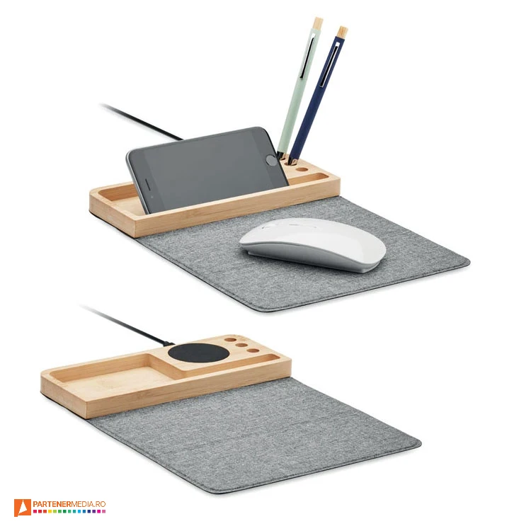 Mousepad-uri cu organizator de birou din lemn si incarcator wireless mouse pad uri cu incarcator wireless si organizator din lemn mo2281