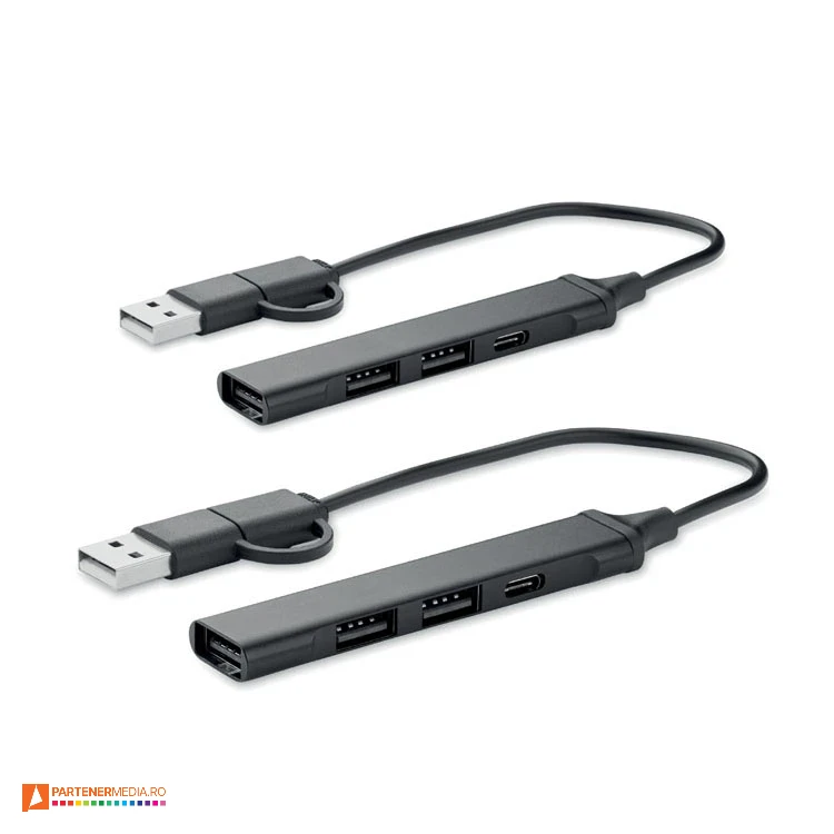 Hub-uri USB negre din aluminiu reciclat cu cablu de 19 cm