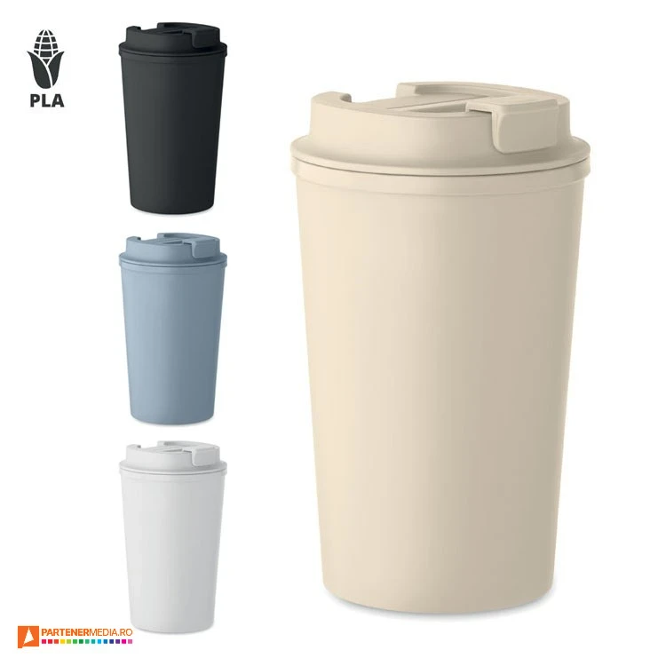 Pahare ecologice promotionale de 350 ml cu perete dublu din plastic si fibra de porumb pahare ecologice tumbler de 350 ml mo2310