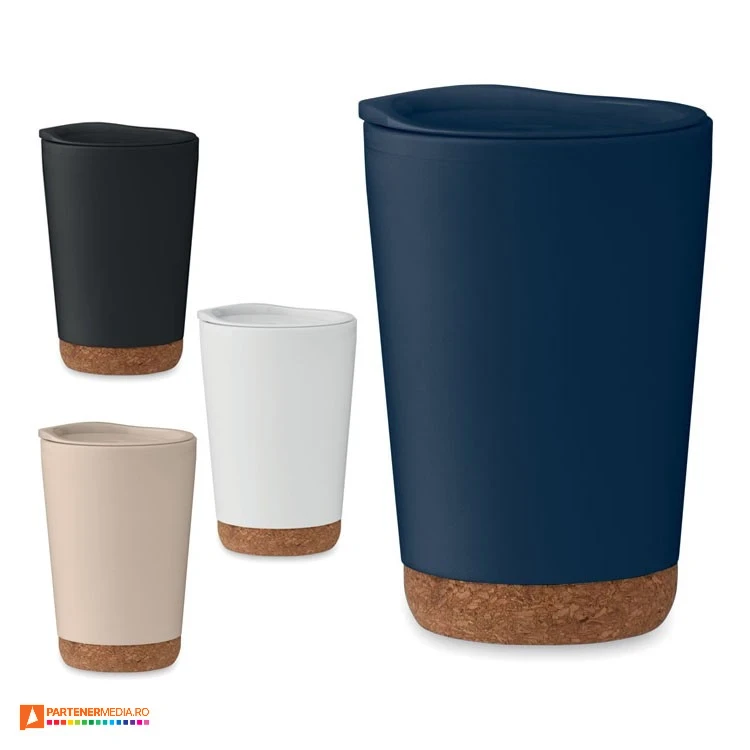 pahare conice tumbler de 300 ml cu baza din pluta si capac mo246