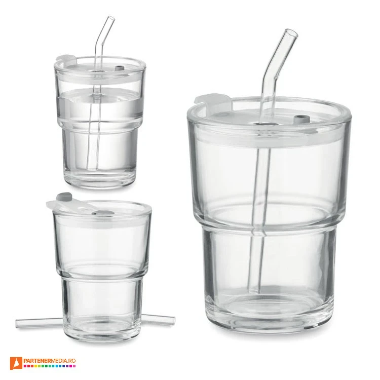 Pahare cilindrice din sticla transparenta de 400 ml cu pai si capac pahare promotionale din sticla cu capac si pai mo2502