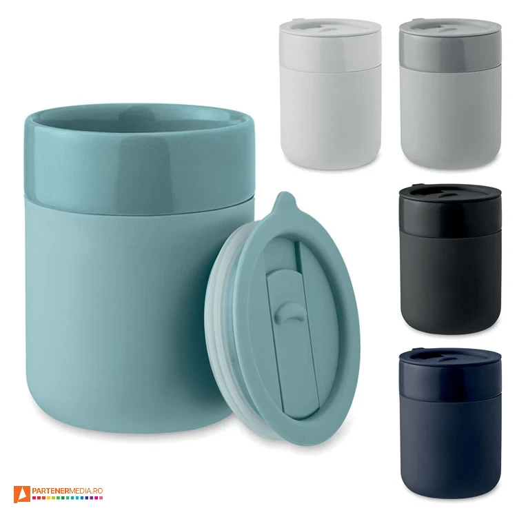 Pahare ceramice tip Tumbler cu manson colorat din silicon si capac din plastic pahare promotionale de 330 ml mo2528