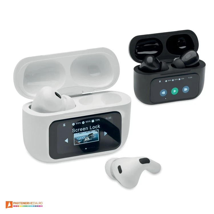 Casti audio wireless de tip earbuds, cu statie de incarcare cu afisaj touch-screen casti audio wireless earbuds cu statie de incarcare cu afisaj mo2737