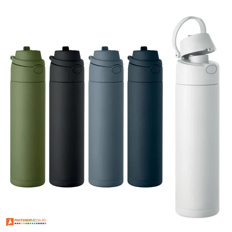 Bidoane din otel inoxidabil reciclat de 650 ml, cu capac cu pai si maner pliabile bidoane promotionale de 650 ml cu pai pliabil mo2989