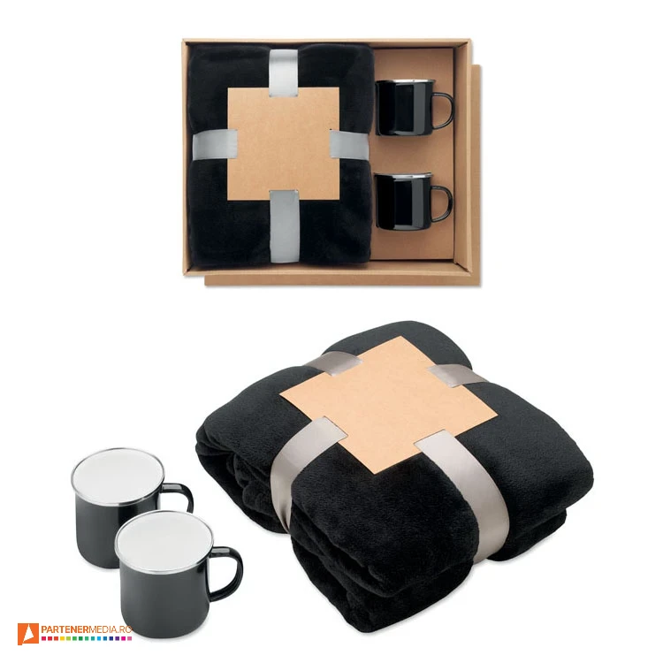 Seturi de patura de 127 x 152 cm cu 2 cani metalice de 350 ml paturi promotionale fleece cu 2 cani si cutie de cadou mo3207